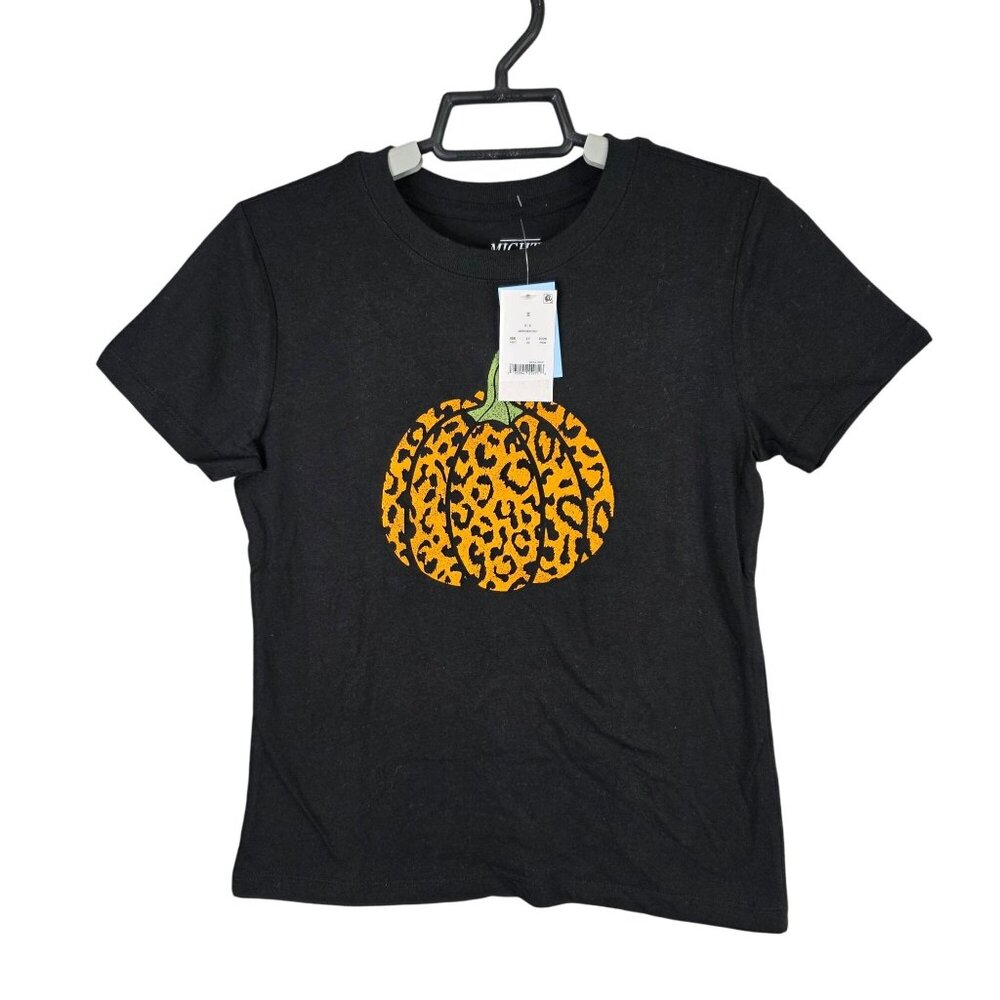 Womens Mighty Fine Black Leopard Print Pumpkin T Shirt Short Sleeve Halloween S